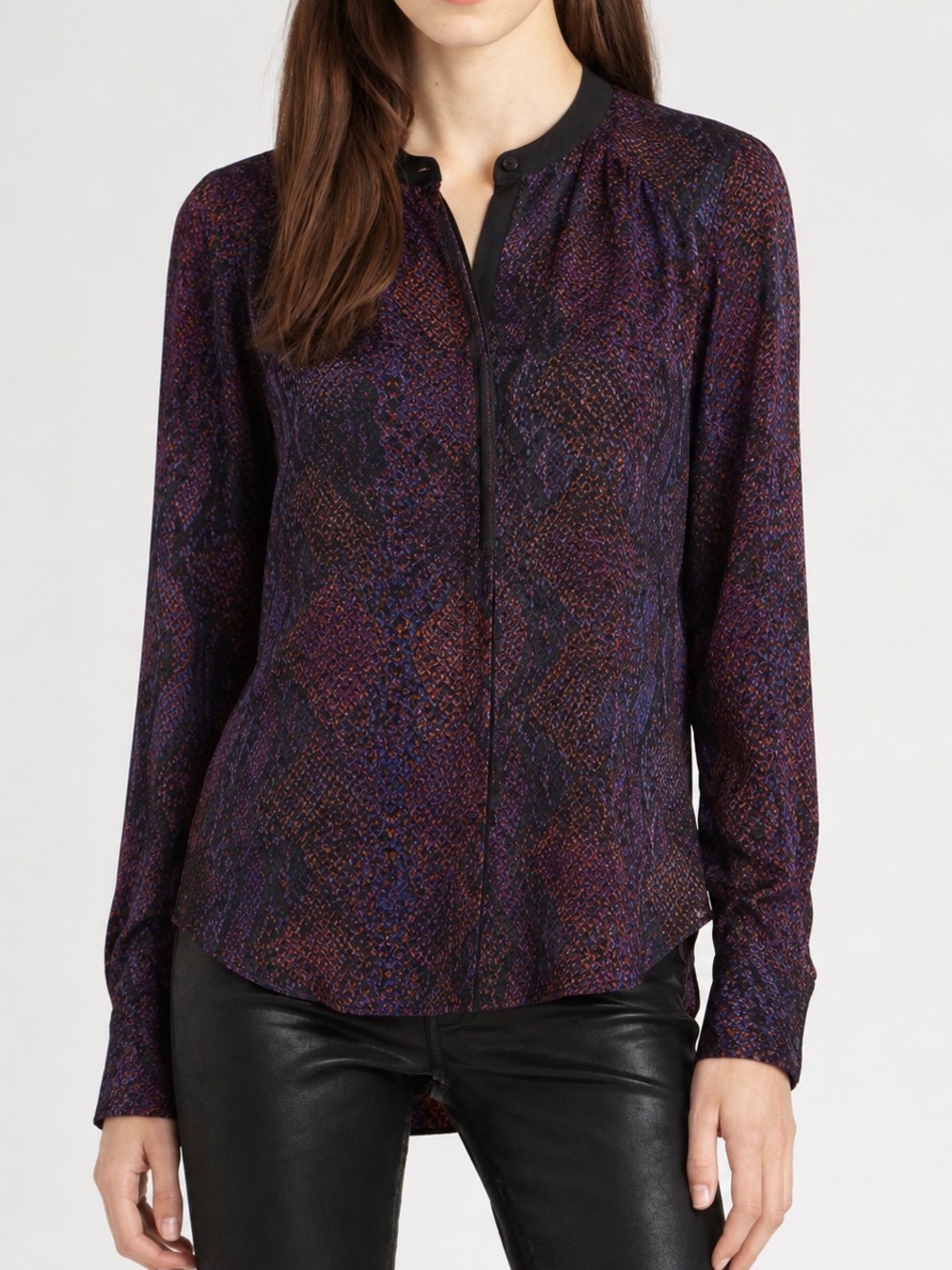 Rebecca Taylor 100% Silk Python Print Henley Blouse Plum Women Size 8